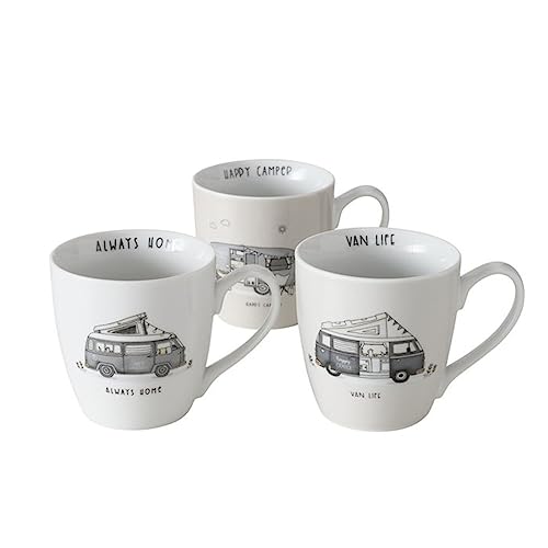 ReWu Porzellanbecher im 3er Set Camping Edition 480ml mit Motiv und Spruch Kaffeebecher Campinggeschirr von ReWu