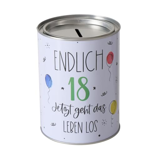 ReWu Spardose Sparschwein Schriftzug Endlich 18, Jetzt Geht Das Leben Los - Deckel abnehmbar - Wiederverwendbar Metall Sparbüchse Geldgeschenk Geschenkidee Geldspardose Metallspardose 14 x 10 cm von ReWu