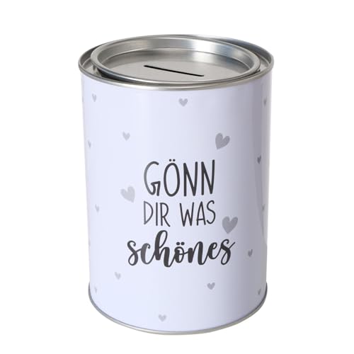 ReWu Spardose Sparschwein Schriftzug Gönn Dir was Schönes - Deckel abnehmbar - Wiederverwendbar Metall Sparbüchse Geldgeschenk Geschenkidee Geldspardose Metallspardose 14 x 10 cm von ReWu