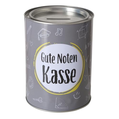 ReWu Spardose Sparschwein Schriftzug Gute Noten Kasse - Deckel abnehmbar - Grau Wiederverwendbar Metall Sparbüchse Geldgeschenk Geschenkidee Geldspardose Metallspardose 14 x 10 cm von ReWu