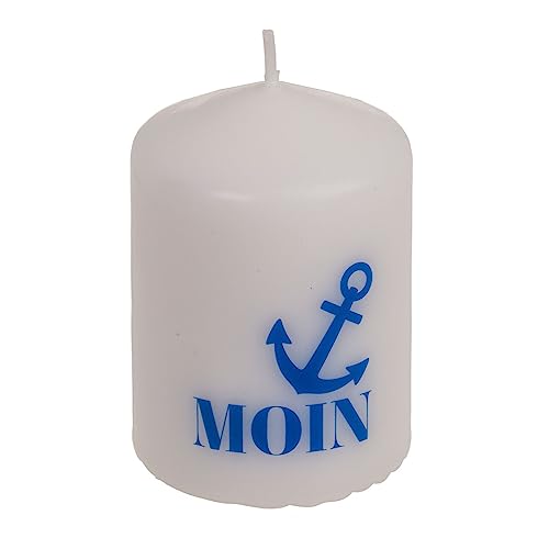 ReWu Stumpenkerze Kerze Echtwachskerze Moin Weiß/Blau Maritim Anker Wohndekoration Geschenkidee Haushaltskerze Spruchkerze 6 x 8 cm von ReWu