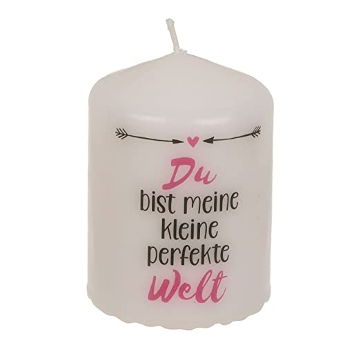 ReWu Stumpenkerze Spruchkerze Echtwachskerze Natürliche Lichtquelle Du bist Meine kleine perfekte Welt 6 x 8 cm, im Geschenkkarton aus Kraftpapier Hochzeit Geburtstag Freundschaft Weihnachten von ReWu