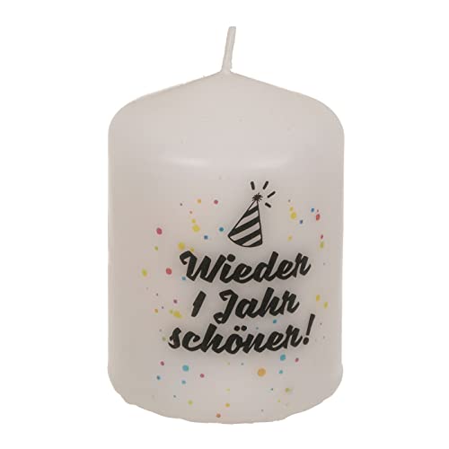 ReWu Stumpenkerze Spruchkerze Echtwachskerze Natürliche Lichtquelle Wieder EIN Jahr schöner 6 x 8 cm, im Geschenkkarton aus Kraftpapier Hochzeit Geburtstag Freundschaft Weihnachten von ReWu