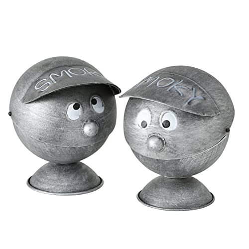 ReWu Sturmaschenbecher Smoky Kugelform Gesicht Kopf aus Eisen - Mit Klappdeckel - Farbmix Grau Gewischt Aschenbecher Ascheeimer Zigarettenmülleimer Rauchzubehör Höhe: 16 cm von ReWu
