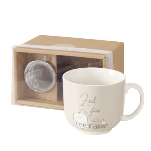 ReWu Teebecher mit Sieb Schriftzug - Zeit für Teerapie - Henkelbecher Weiß Teesieb Set Porzellan Becher Tasse Geschenkidee Trinkbecher 300ml von ReWu