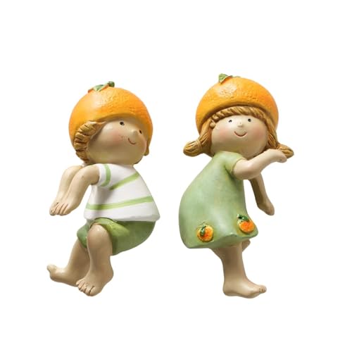 ReWu Topfanhänger Fruits Kinder mit Orangenschalen Hut - 2er-Set Dekofigur Blumentopf Hänger Dekoration Verzierung Figur Bunt Farbig Wohndekoration von ReWu