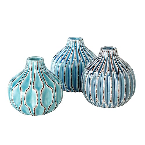 ReWu Vase im 3er Set im Shabby Chic Look aus Keramik Blumenvase Tischdekoration für Blumen und Trockenblumen Dekoratives Design - Blau von ReWu