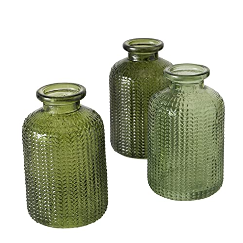 ReWu Vasen Deko 3er Set 3 Stück aus Glas in Flaschenform mit den Farben Grün, Dunkelgrün und Hellgrün von ReWu