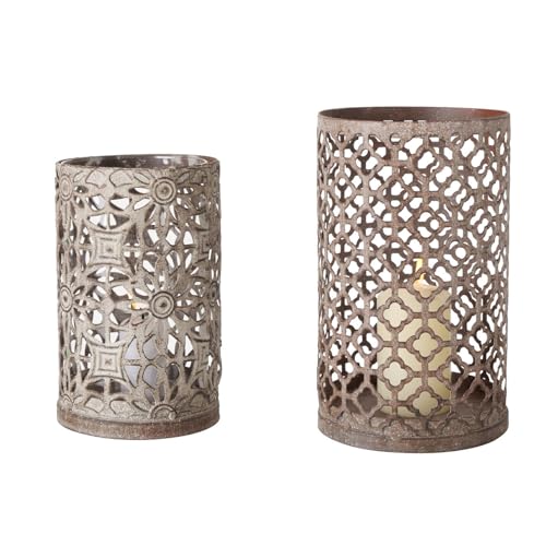 ReWu Windlicht Christina 2er-Set Kerzenhalter Kerzenständer Metall Eisen Muster Outdoor Deko Tischdekoration Gartendekoration Shabby-Chic Stil Grau/Braun von ReWu