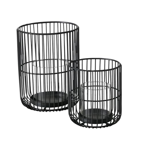 ReWu Windlicht Cindy 2er-Set Schwarz Kerzenständer Metall mit Glaseinsatz 2 Größen Kerzenhalter Wohndekoration Dekoration Teelichthalter Modern Dekorativ von ReWu