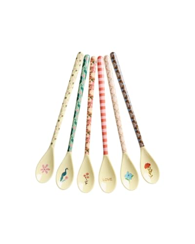 Rice Melamin Latte Löffel 6er-Set - Pfau & Blumen Print - Bruchsicher Campingeschirr Melamingeschirr Kinderbesteck Dessertlöffel Bruchsicher BPA-frei 19cm von ReWu