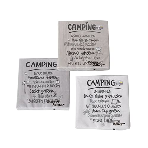 Servietten Camper Camping-Motiv + Text 3er-Set 60 Stück Papierservietten Motivservietten Napkins Camping Reisen Tischdekoration Partyservietten Küchenzubehör 33 x 33 cm von ReWu