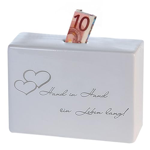 Spardose Promise mit Schriftzug - Hand in Hand EIN Leben lang - Spartopf Sparschwein Keramik Weiß Geschenkidee Hochzeit Verlobung Geldgeschenk Geld Sparen Gastgeschenk 5,5 x 17,5 x 13,5 cm von ReWu