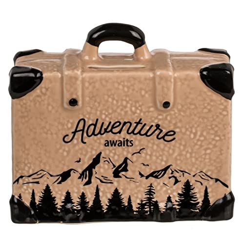 Spardose Sparschwein Koffer Travel Adventure Awaits aus Keramik Reisekoffer Geschenkidee Reisen Abenteuer Urlaubskasse Sparbüchse Geldgeschenk Reisekasse 14,8 x 6 x 13 cm von ReWu