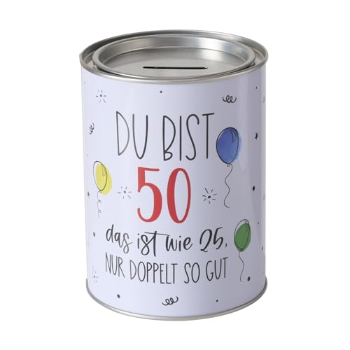 Spardose Sparschwein Schriftzug Du bist 50, das ist wie 25, Nur doppelt so gut! - Deckel abnehmbar - Metall Sparbüchse Geldgeschenk Geschenkidee Geldspardose Metallspardose 14 x 10 cm von ReWu