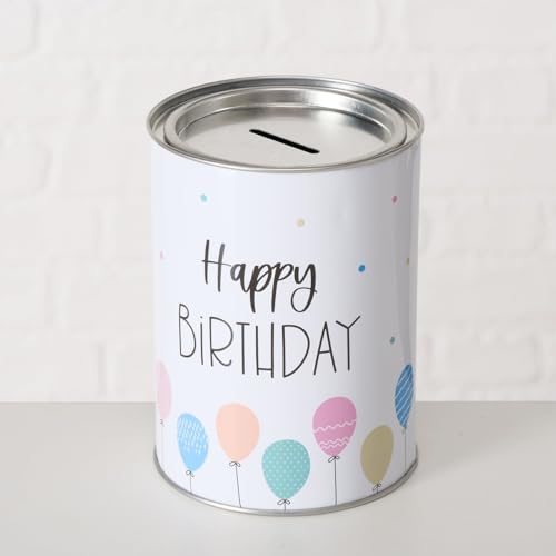 Spardose Sparschwein Schriftzug Happy Birthday Ballons - Deckel abnehmbar - Wiederverwendbar Metall Sparbüchse Geldgeschenk Geschenkidee Geldspardose Metallspardose 14 x 10 cm von ReWu
