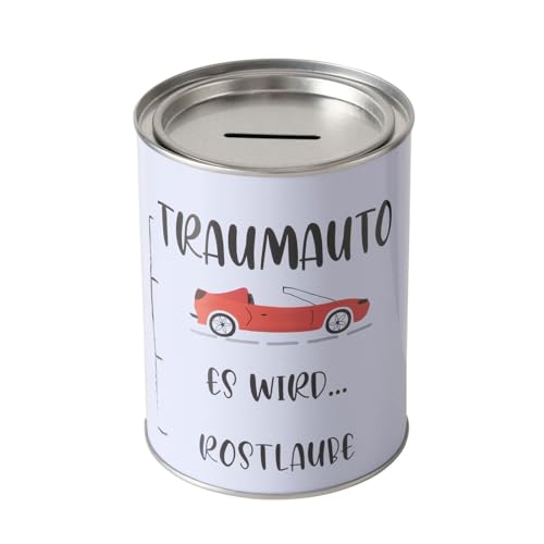 Spardose Sparschwein Schriftzug Traumauto - Deckel abnehmbar - Wiederverwendbar Metall Sparbüchse Geldgeschenk Geschenkidee Geldspardose Metallspardose 10 x 13,3 cm von ReWu
