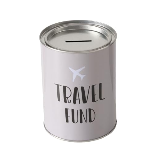 Spardose Sparschwein Schriftzug Travelfund - Deckel abnehmbar - Wiederverwendbar Metall Sparbüchse Geldgeschenk Geschenkidee Geldspardose Metallspardose 10 x 13,5 cm von ReWu