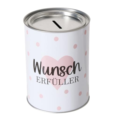 ReWu Spardose Sparschwein Schriftzug Wunscherfüller - Deckel abnehmbar - Wiederverwendbar Metall Sparbüchse Geldgeschenk Geschenkidee Geldspardose Metallspardose 14 x 10 cm von ReWu