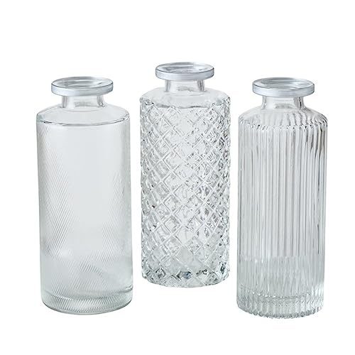 Vase im 3er Set aus Glas in Flaschenform Tischdekoration mit Relief Veredelung Für Blumen Gräser und Zweige Dekoratives Accessoires- Transparent Silber von ReWu