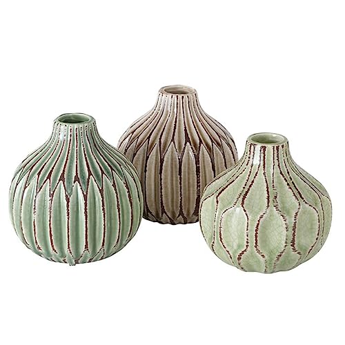 Vase im 3er Set im Shabby Chic Look aus Keramik Blumenvase Tischdekoration für Blumen und Trockenblumen Dekoratives Design - Grün von ReWu