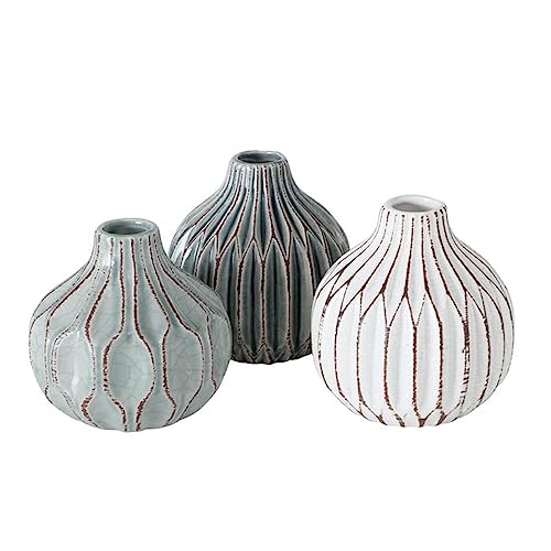 Vase im 3er Set im Shabby Chic Look aus Keramik Blumenvase Tischdekoration für Blumen und Trockenblumen Dekoratives Design - Weiß von ReWu