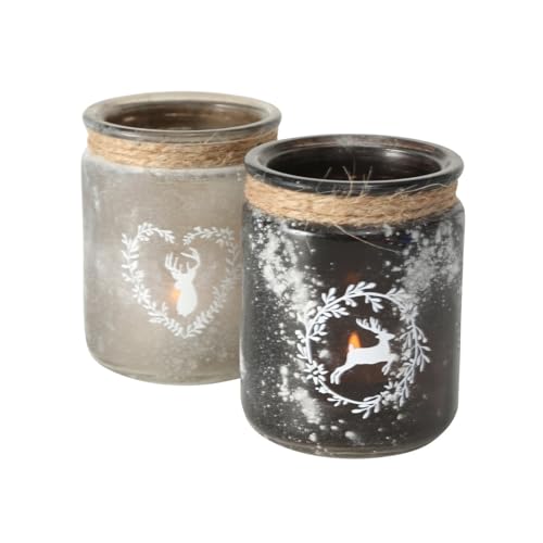 ReWu Windlicht Hirsch Kerzenhalter Teelichthalter Hirsch-Motiv Glas Matt Kerzenhalter 2-er Set Beige Grau Wohndekoration Dekoration Tischdekoration 8 x 10 cm von ReWu
