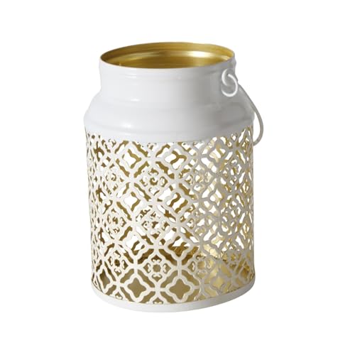 ReWu Windlicht Kanne Weiß Gold Teelichthalter Kerzenhalter Metall Laterne Wohndekoration Dekoration Deko Indoor Tischdeko 12 x 18 cm von ReWu