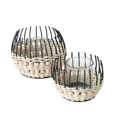 Windlicht Korb Lugo 2er-Set Teelicht Kerzenhalter Kerzenständer Modern Glas Holz Textil Natur Schima Schwarz Rund Dekoration Wohndekoration Groß und Klein von ReWu