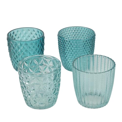 Windlicht Marilu Petrol/Weiß 4er-SET aus Glas - Teelichthalter mit verschiedenen Ornamenten - Kerzenständer Windlichthalter Kerzenhalter Wohndekoration Tischdekoration Glaskerzenhalter 7,5 x 7,5 cm von ReWu