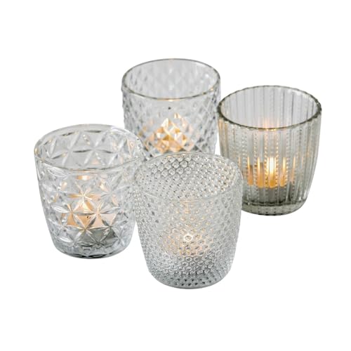 Windlicht Marilu Transparent 4er-SET aus Glas - Teelichthalter mit verschiedenen Ornamenten - Kerzenständer Windlichthalter Kerzenhalter Wohndekoration Tischdekoration Glaskerzenhalter 7,5 x 7,5 cm von ReWu