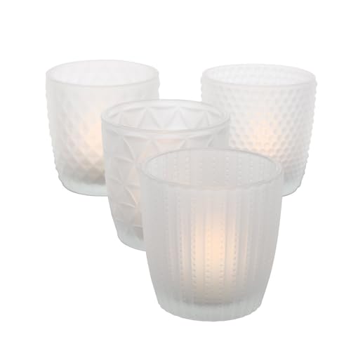 Windlicht Marilu Weiß 4er-SET aus Glas - Teelichthalter mit verschiedenen Ornamenten - Kerzenständer Windlichthalter Kerzenhalter Wohndekoration Tischdekoration Glaskerzenhalter 4-teilig 7,5 x 7,5 cm von ReWu