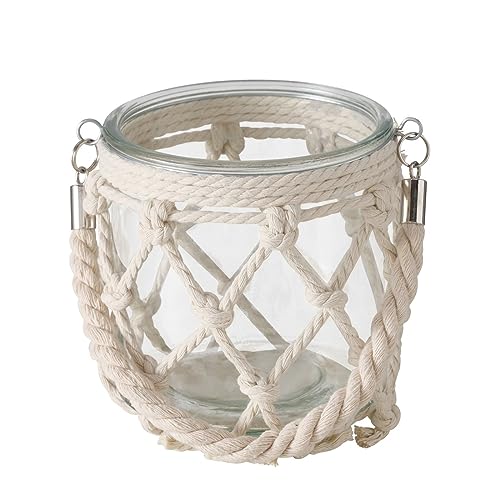 Windlicht im Boho Stil mit Makramee Verzierung aus Glas und Baumwolle H 14 cm Ø 14 cm Boho Deko Kerzenhalter von ReWu