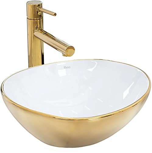 Rea Waschbecken Waschtisch Aufsatzwaschbecken Keramik Gold Weiß Farbe Handwaschbecken Aufsatz Waschschale Oval 27x35 von Rea