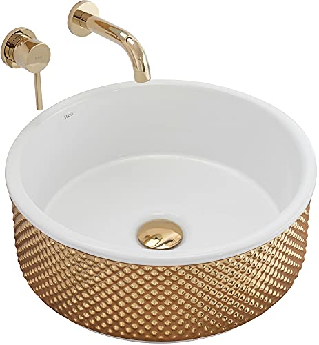 Rea Waschbecken Waschtisch Aufsatzwaschbecken Keramik Handwaschbecken Aufsatz Waschschale Oval 42X42 Weiß Gold von Rea