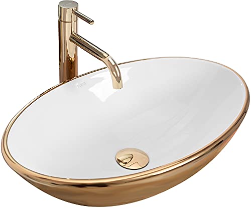 Rea Waschbecken Waschtisch Aufsatzwaschbecken Keramik Handwaschbecken Aufsatz Waschschale Oval Gold Weiß 33x53 von Rea