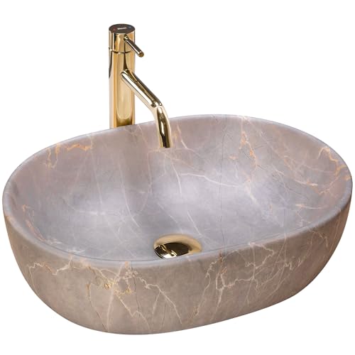 Rea Waschbecken Waschtisch Aufsatzwaschbecken Keramik Handwaschbecken Aufsatz Waschschale Oval Stein 48x35 Grau von Rea