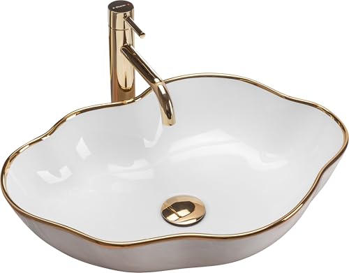 Rea Waschbecken Waschtisch Aufsatzwaschbecken Keramik Handwaschbecken Aufsatz Waschschale Perle Weiß Gold 37x51 von Rea