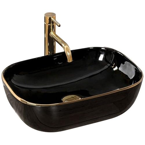 Rea Aufsatzwaschbecken Belinda Black Gold, Waschtisch Handwaschbecken Spülbecken Waschschale Waschbecken für Badezimmer aus hochwertiger Keramik, 465 x 330 x 135 mm (Schwarz/Gold) von Rea