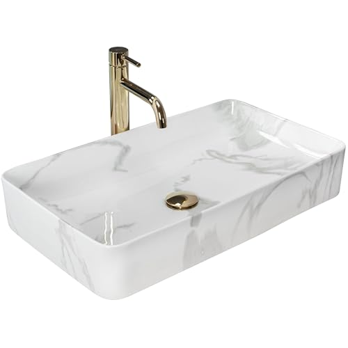 Rea Aufsatzwaschbecken DENIS SHINNY MARMO Waschtisch Handwaschbecken Waschschale Waschbecken für Badezimmer aus hochwertiger Keramik 615 x 350 x 110 mm (Weiß, Marmorimitat) von Rea