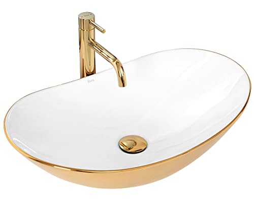 Rea Aufsatzwaschbecken Royal White Gold Waschtisch Handwaschbecken Spülbecken Waschschale Waschbecken für Badezimmer aus hochwertiger Keramik 605 mm x 360 mm x 160 mm (Gold/weiß) von Rea