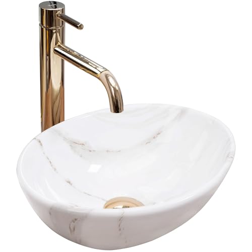 Rea Aufsatzwaschbecken SOFIA MINI SHINY AIAX Waschtisch Handwaschbecken Waschschale Waschbecken für Badezimmer aus hochwertiger Keramik 350 x 260 x 125 mm (Weiß, Marmorimitat) von Rea