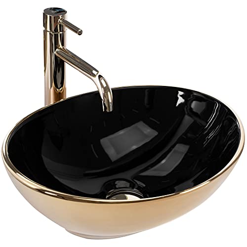 Rea Aufsatzwaschbecken Sofia Black Gold Waschtisch Handwaschbecken Spülbecken Waschschale Waschbecken für Badezimmer aus hochwertiger Keramik 410 mm x 345 mm x 150 mm (Gold/schwarz) von Rea