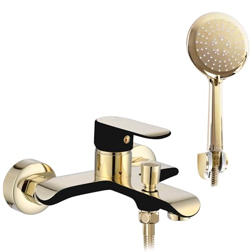 Rea Badewannenarmatur BLOOM BLACK GOLD Wasserhahn Badewanne Einhebel Wannenarmatur mit Handbrause Badarmatur aus Messing Mischbatterie Wandmontage (Gold) von Rea