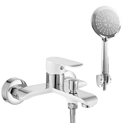 Rea Badewannenarmatur BLOOM WHITE CHROME Wasserhahn Badewanne Einhebel Wannenarmatur mit Handbrause Badarmatur aus Messing Mischbatterie Wandmontage (Gold) von Rea