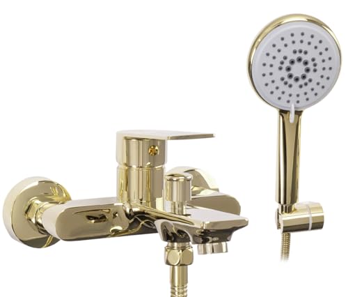 Rea Badewannenarmatur MAYSON GOLD Wasserhahn Badewanne Einhebel Wannenarmatur mit Handbrause Badarmatur aus Messing Mischbatterie Wandmontage (Gold) von Rea