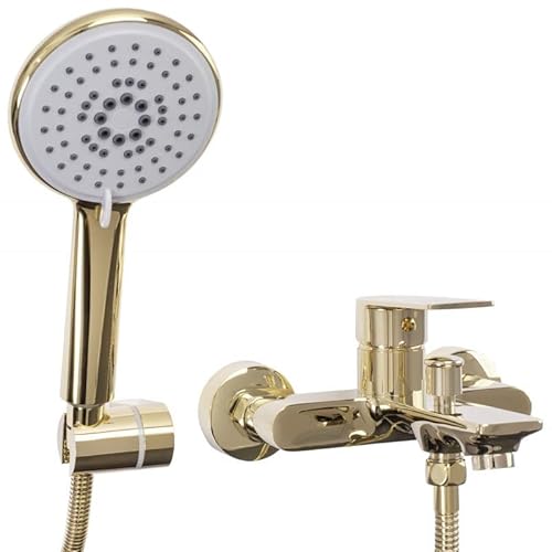 Rea Badewannenarmatur MAYSON GOLD Wasserhahn Badewanne Einhebel Wannenarmatur mit Handbrause Badarmatur aus Messing Mischbatterie Wandmontage (Gold) von Rea