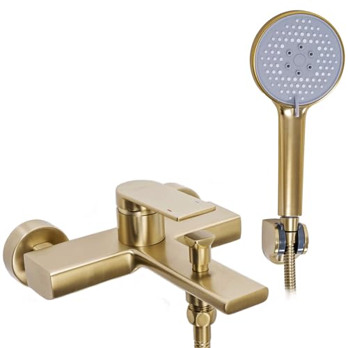 Rea Badewannenarmatur VERSO BRUSH GOLD Wasserhahn Badewanne Einhebel Wannenarmatur mit Handbrause Badarmatur aus Messing Mischbatterie Wandmontage (Gold) von Rea