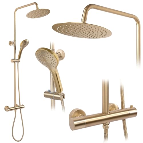 Rea Duschsäule mit Thermostat VINCENT Gold Brush Messing Duschsystem für Badezimmer (Gold) von Rea