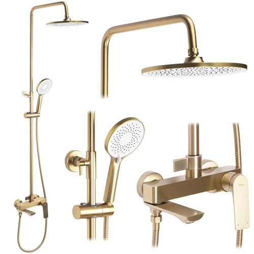 Rea Duschsystem AVALON GOLD BRUSH Duschset Duscharmatur mit Duschkopf und Kopfbrause aus Messing Duschgarnitur für Badezimmer (Gebürstetes Gold) von Rea